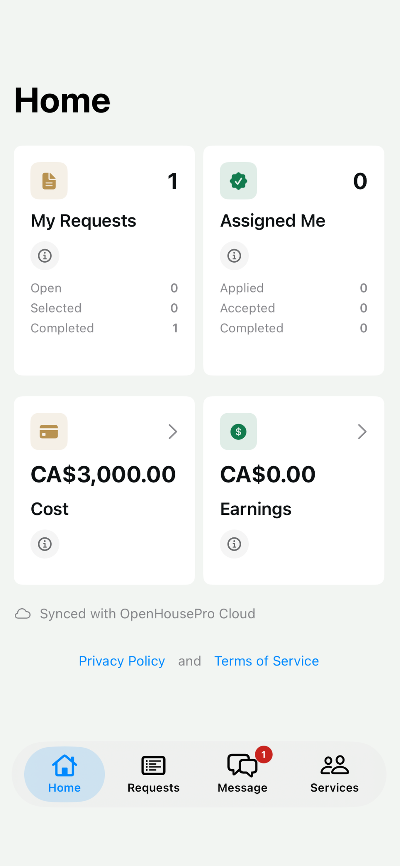 OpenHousePro home dashboard screen