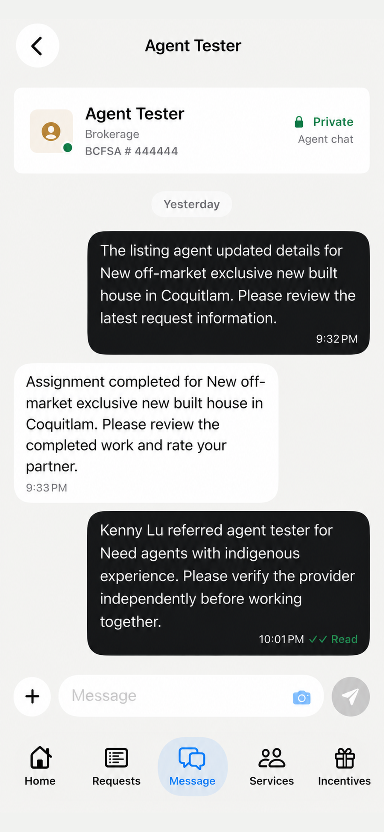Agent messaging screen