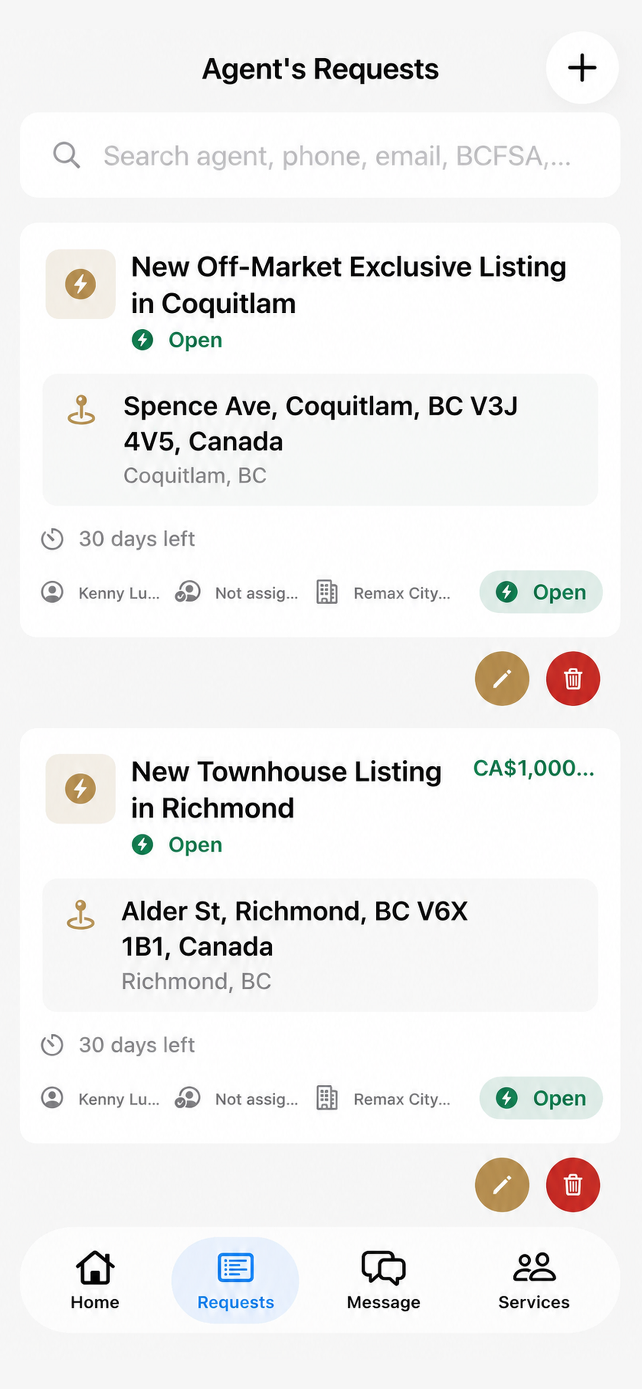 OpenHousePro agent requests screen