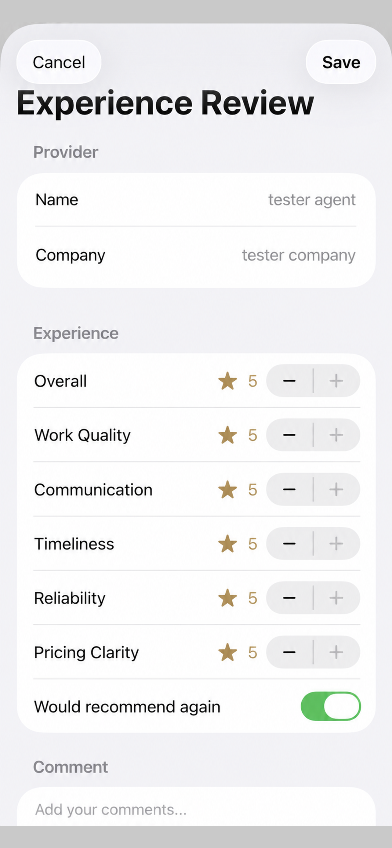Experience review screen