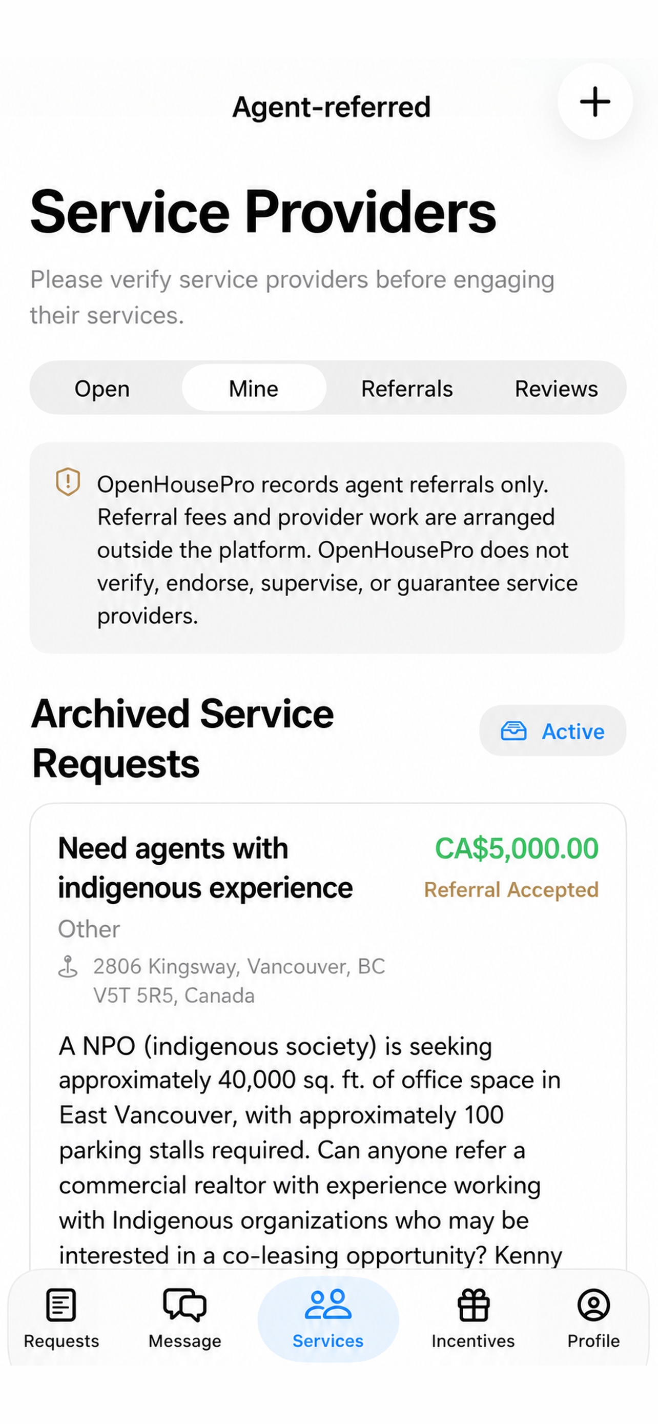 Service provider referral screen